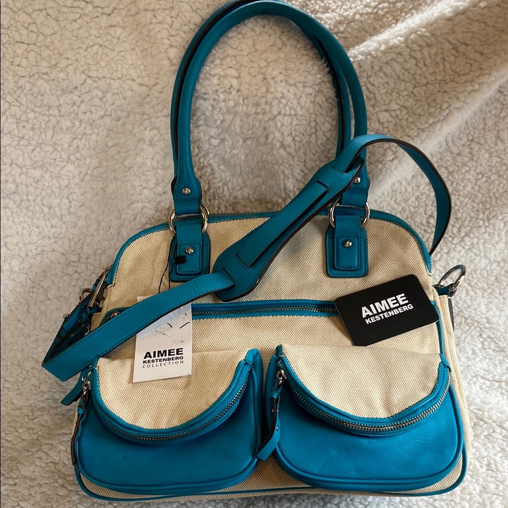 NWT Aimee Kestenberg Blue and Cream Satchel Bag with Structured Design